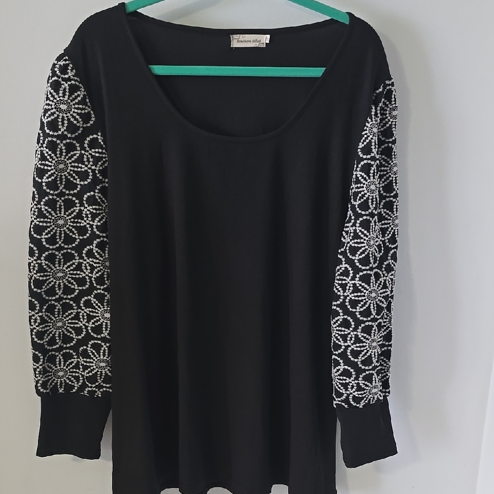 Black Top with White Floral Sleeves